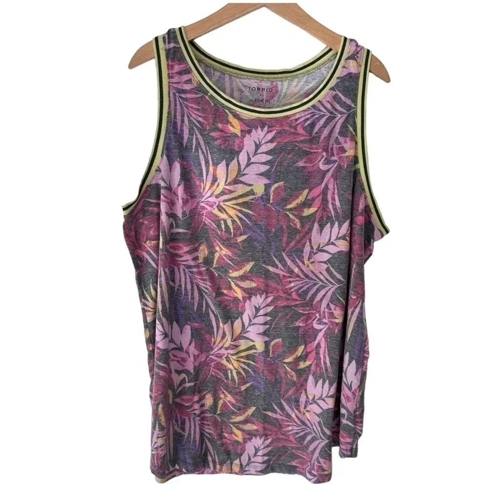 Torrid Tank Top 3‎ Gray Pink Tropical Floral Leaf Print Classic Fit Ringer Trim